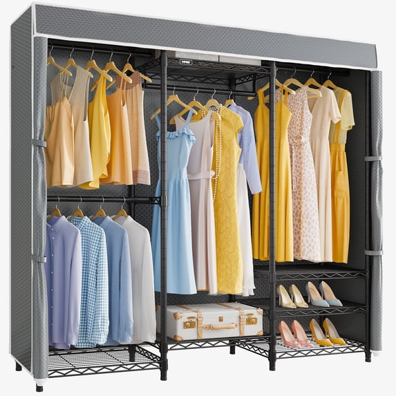 VIPEK V5C Medium Covered Clothes Rack Heavy Duty Portable Closet Wardrobe, Black Clothing Rack with Grey Oxford Fabric Cover