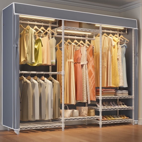 VIPEK V5LC Garment Rack Heavy Duty Covered Clothes Rack with Dimmable LED Lights Portable Closet Wardrobe, White Rack with Gray Cover