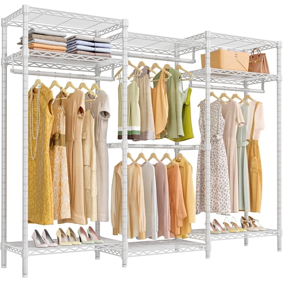 VIPEK V5i Heavy Duty Garment Rack, Freestanding Wardrobe with 8 Adjustable Shelves & 4 Hanging Rods, 890lb Capacity, 68.9"L x 15.7"W x 76.4"H,White