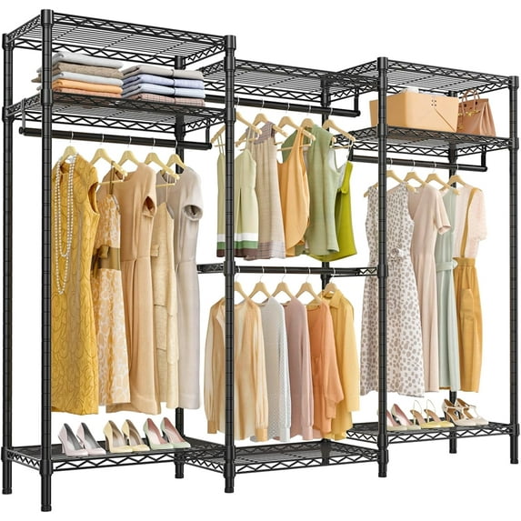 VIPEK V5i Heavy Duty Garment Rack, Freestanding Wardrobe with 8 Adjustable Shelves & 4 Hanging Rods, 890lb Capacity, 68.9"L x 15.7"W x 76.4"H, Black