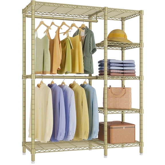VIPEK V7 Heavy Duty Garment Rack with Shelves, 5-Tier Freestanding Clothing Rack, 670LB Capacity Wardrobe System, Portable Metal Closet Organizer, Gold