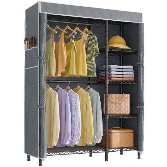 VIPEK V7C Heavy Duty Garment Rack with Cover, 670LB Capacity Portable Closet with Shelves, 5-Tier Metal Wardrobe Storage System, Black Frame & Grey Polyester Cover