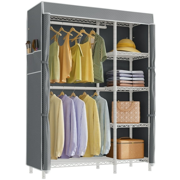 VIPEK V7C Heavy Duty Garment Rack with Cover, 670LB Capacity Portable Closet with Shelves, 5-Tier Metal Wardrobe Storage System, White Frame & Grey Polyester Cover