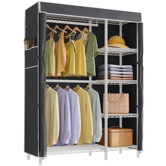 VIPEK V7C Heavy Duty Garment Rack with Cover, 670LB Capacity Portable Closet with Shelves, 5-Tier Metal Wardrobe Storage System, White Frame & Black Polyester Cover