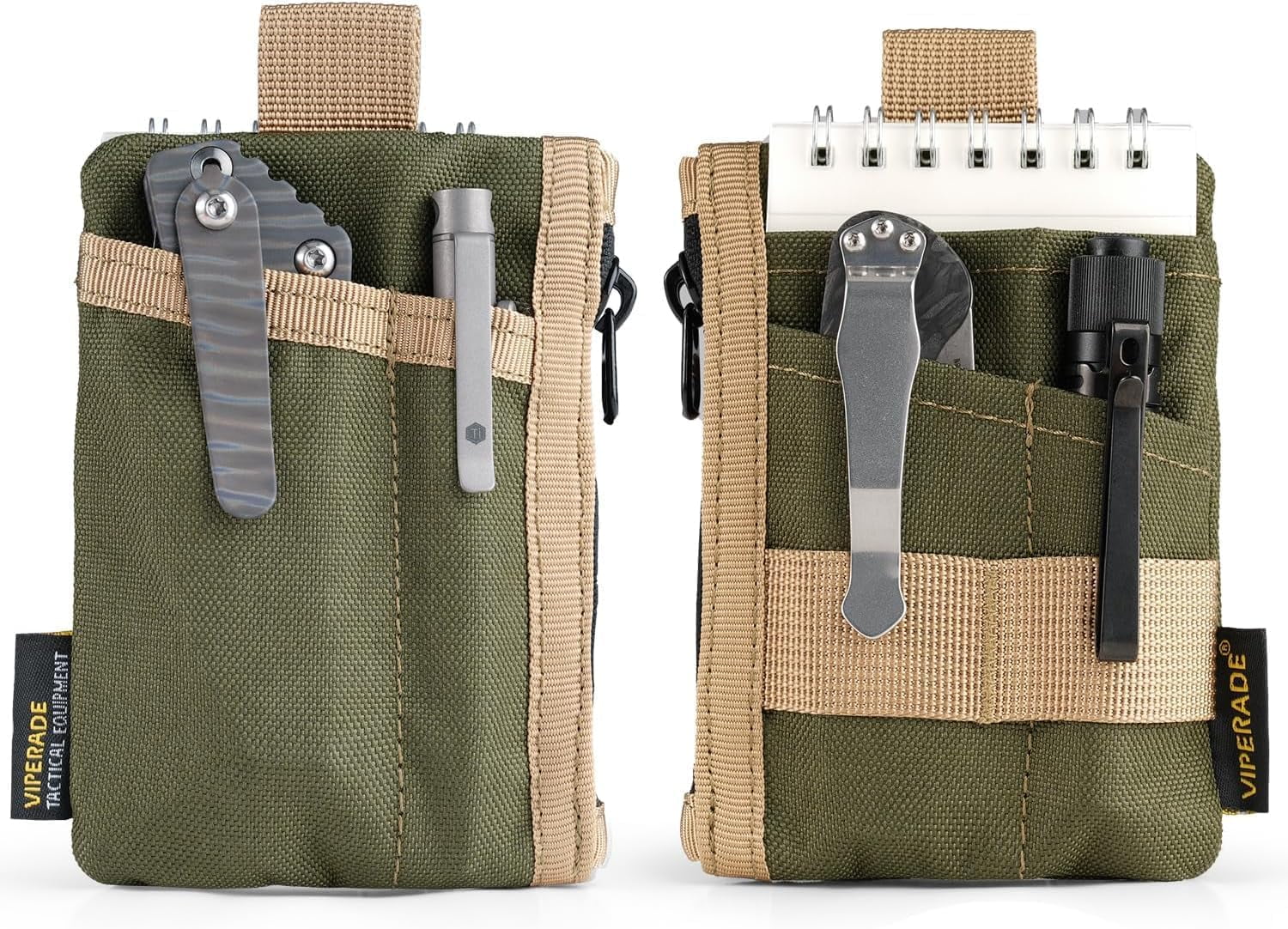 VIPERADE 6-in-1 EDC Pouch, 500D Compact EDC Pocket Organizer, Molle Extension Tool Storage Bag, Small Coin Purse/Card Holder/Swiss Army Knife Pocket Pouch (Green/Tan)