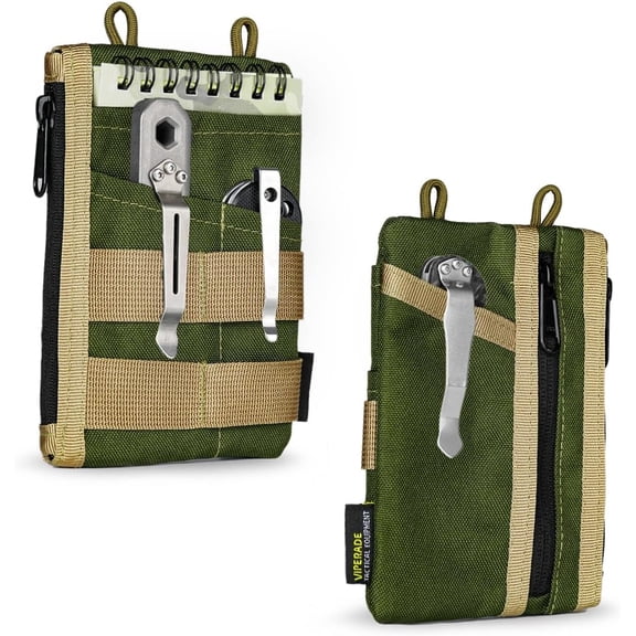 VIPERADE EDC Organizer, 4 Slot Pouch with 2 Zipper Pockets, Multitool Sheath and Pouch for Everyday Carry (Green/Tan)