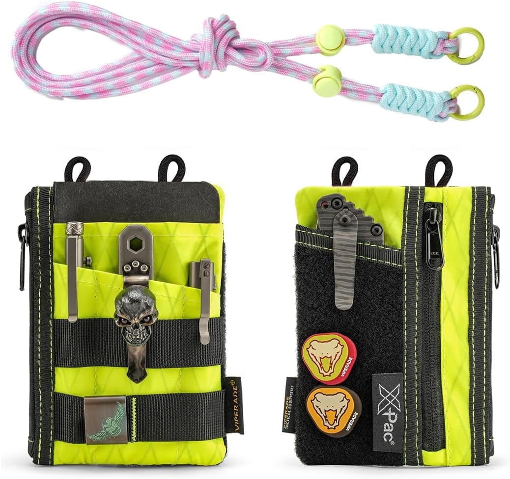 VIPERADE EDC Pocket Pouch with Strap, 5 EDC Pocket with 2 Zipper Pockets, Pocket Ogranizer for Men, Small EDC Sling Organizer Bag, Slim EDC Wallet Multitool Pocket Pouch (XPAC-Hot Lime)