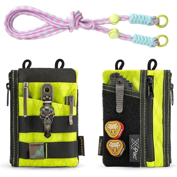 VIPERADE EDC Pocket Pouch with Strap, 5 EDC Pocket with 2 Zipper Pockets, Pocket Ogranizer for Men, Small EDC Sling Organizer Bag, Slim EDC Wallet Multitool Pocket Pouch (XPAC-Hot Lime)