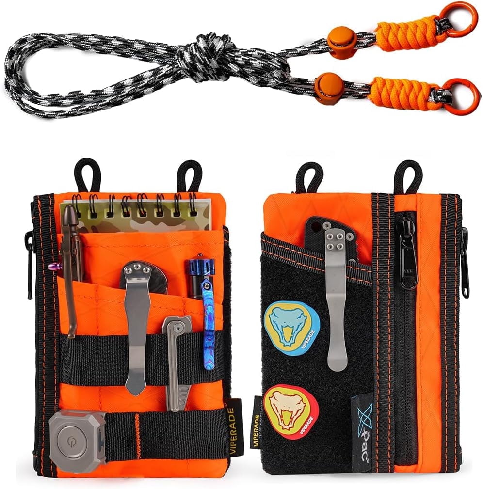 VIPERADE EDC Pocket Pouch with Strap, 5 EDC Pocket with 2 Zipper Pockets, Pocket Ogranizer for Men, Small EDC Sling Organizer Bag, Slim EDC Wallet Multitool Pocket Pouch (XPAC-Hot Orange)