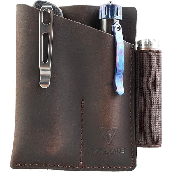 VIPERADE PJ12 Leather EDC Pocket Organizer for Belt, Multitool and Flashlight Holster, Leather EDC Holster with Pen Loop, EDC Leather Knife Sheath with Belt Clip