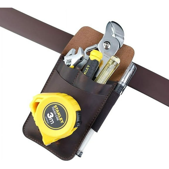 VIPERADE PJ14 Leather Tool Pouch, Tape Measure Holder, Pliers Pouch, Screwdriver Holster, 4 Pockets Organizer Sheath with 1 Tactical Pen Loop-Brown