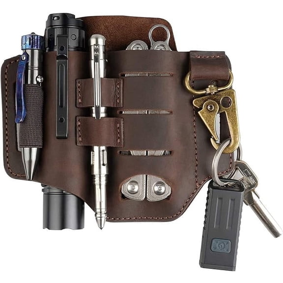 VIPERADE PJ16 Leather Sheath for Belt, Tool Leather Sheath for Knife, Knife Leather Sheath for Men, Multitool Sheath for Men, Flashlight Holster EDC Pocket Organizer with Key Holder-Brown