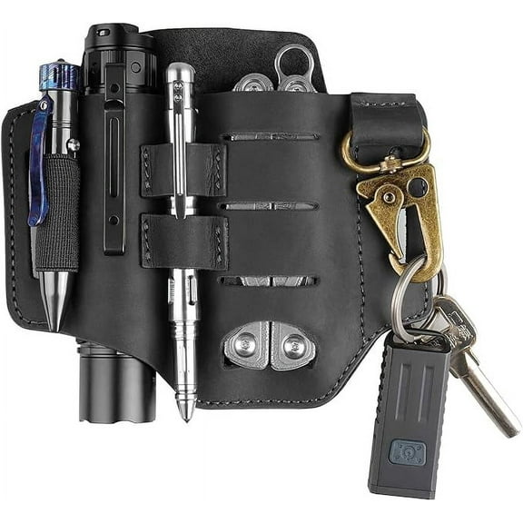 VIPERADE PJ16 Leather Sheath for Belt, Tool Leather Sheath for Knife, Knife Leather Sheath for Men, Multitool Sheath for Men, Flashlight Holster EDC Pocket Organizer with Key Holder-Black