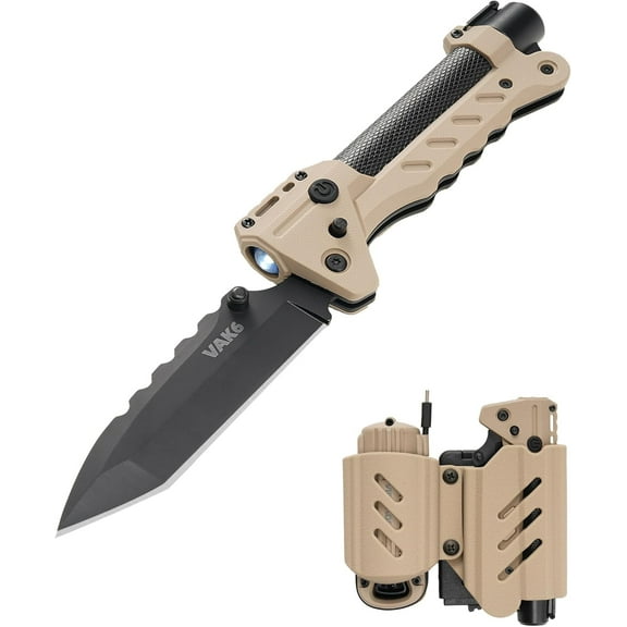 VIPERADE VAK6 Multitool with Folding Knife, LED Flashlight, Pulse Ignition and Hand Crank Generator, Pocket Knife for men, Rechargeable Flashlight with Belt Sheath (Beige)