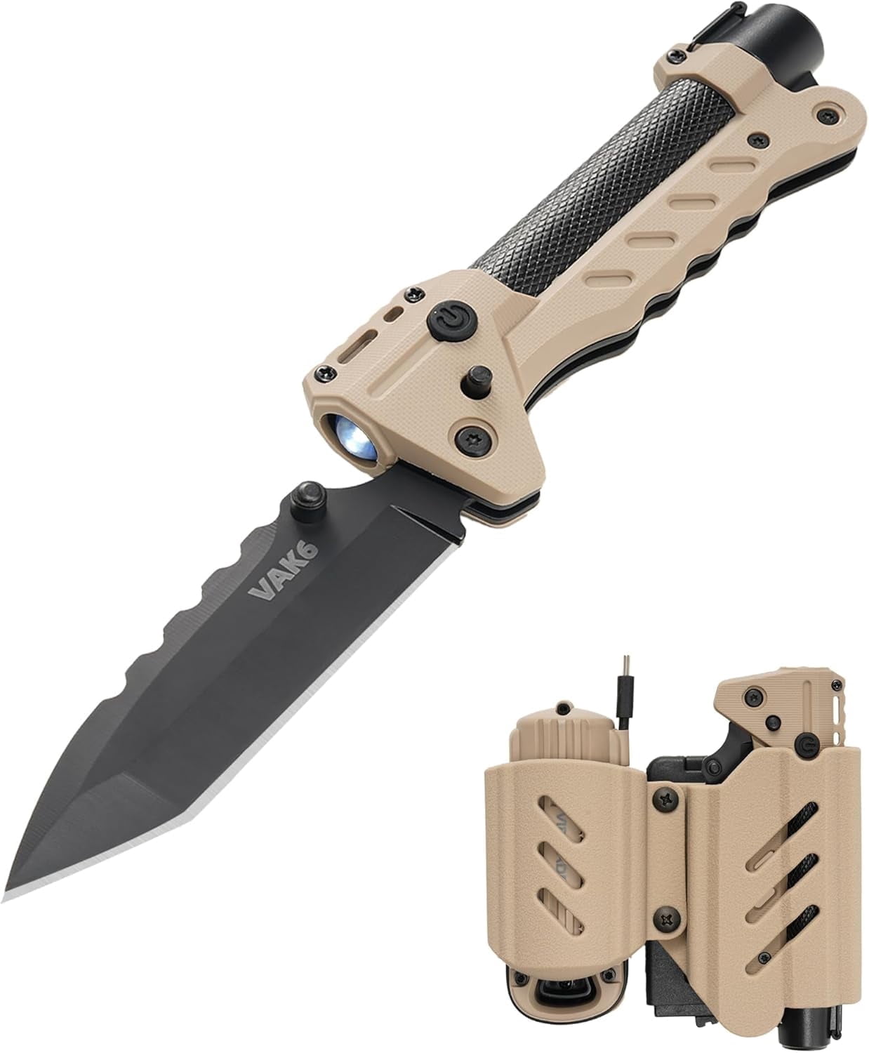 VIPERADE VAK6 Multitool with Folding Knife, LED Flashlight, Pulse Ignition and Hand Crank Generator, Pocket Knife for men, Rechargeable Flashlight with Belt Sheath (Beige)