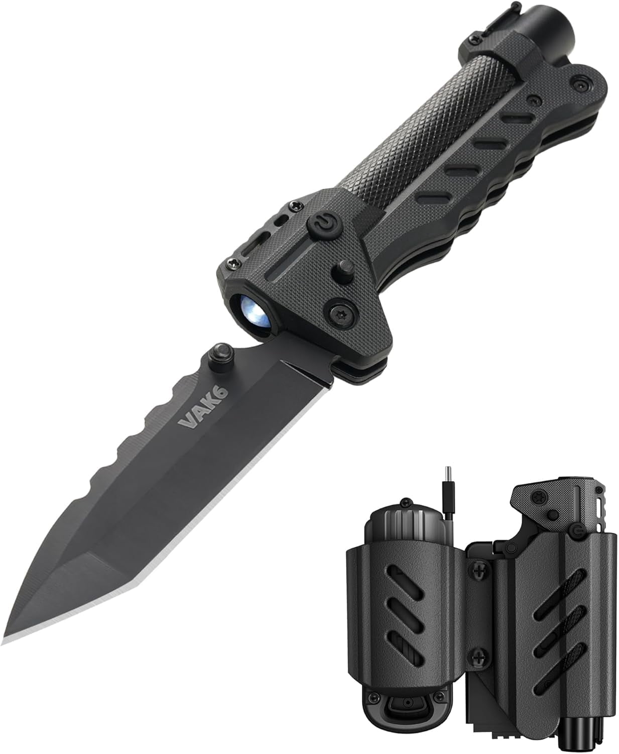 VIPERADE VAK6 Multitool with Folding Knife, LED Flashlight, Pulse Ignition and Hand Crank Generator, Pocket Knife for men, Rechargeable Flashlight with Belt Sheath (Black))