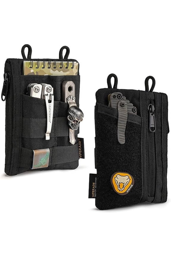 EDC Organizer, Tool Velcro Pouch with 3 Tool Slots & 2 Zipper Pockets, Velcro Patch Panel, Black