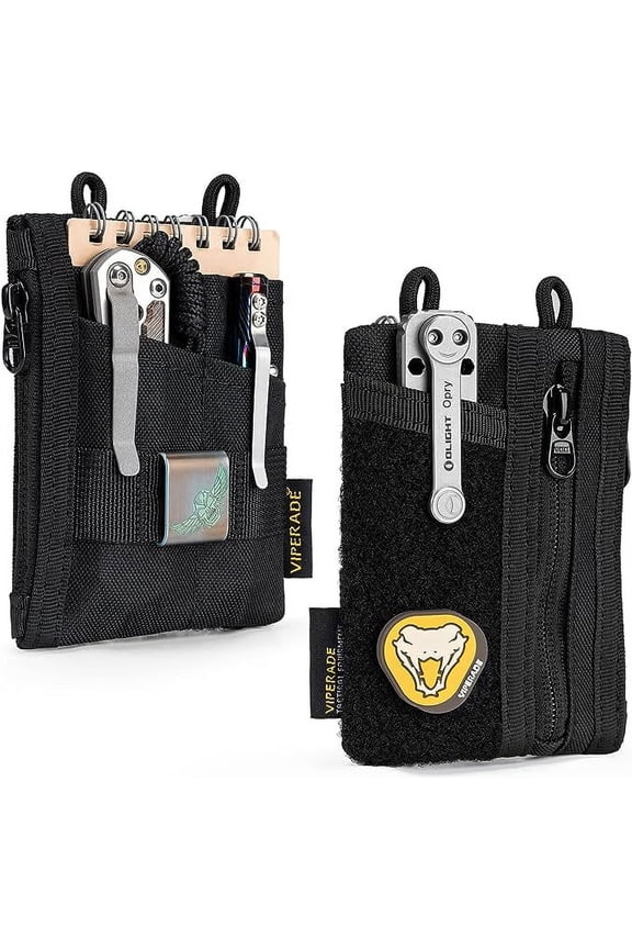VE18-S Small EDC Pouch, Mini Pocket Organizer Pouch for Men, EDC Pocket Organizer Pouch, 3 Slots with 2 Zipper Pockets, Velcro Pouch Multitool Pouch-Black