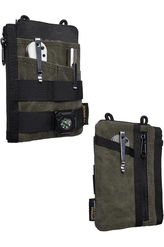 VE18N-OW Waxed Canvas Zipper Wallet, Slim Pocket Pouch, 3 Slots and 2 Zipper Pockets - Minimalist EDC Wallet (OD Green)