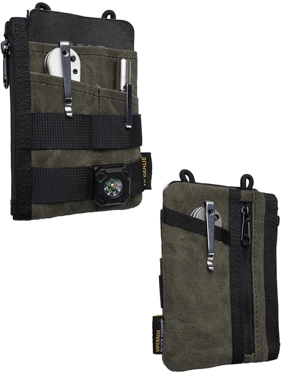 VE18N-OW Waxed Canvas Zipper Wallet, Slim Pocket Pouch, 3 Slots and 2 Zipper Pockets - Minimalist EDC Wallet (OD Green)