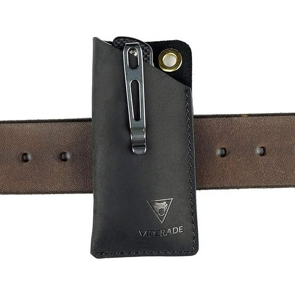 VIPERAED PJ11 Leather EDC Pocket Slip for Folding Knife, Mini Knife/Flashlight/Multitool and Other EDC Gear Leather Holster, Small Leather Utility Knife Sheath for Belt(Black)