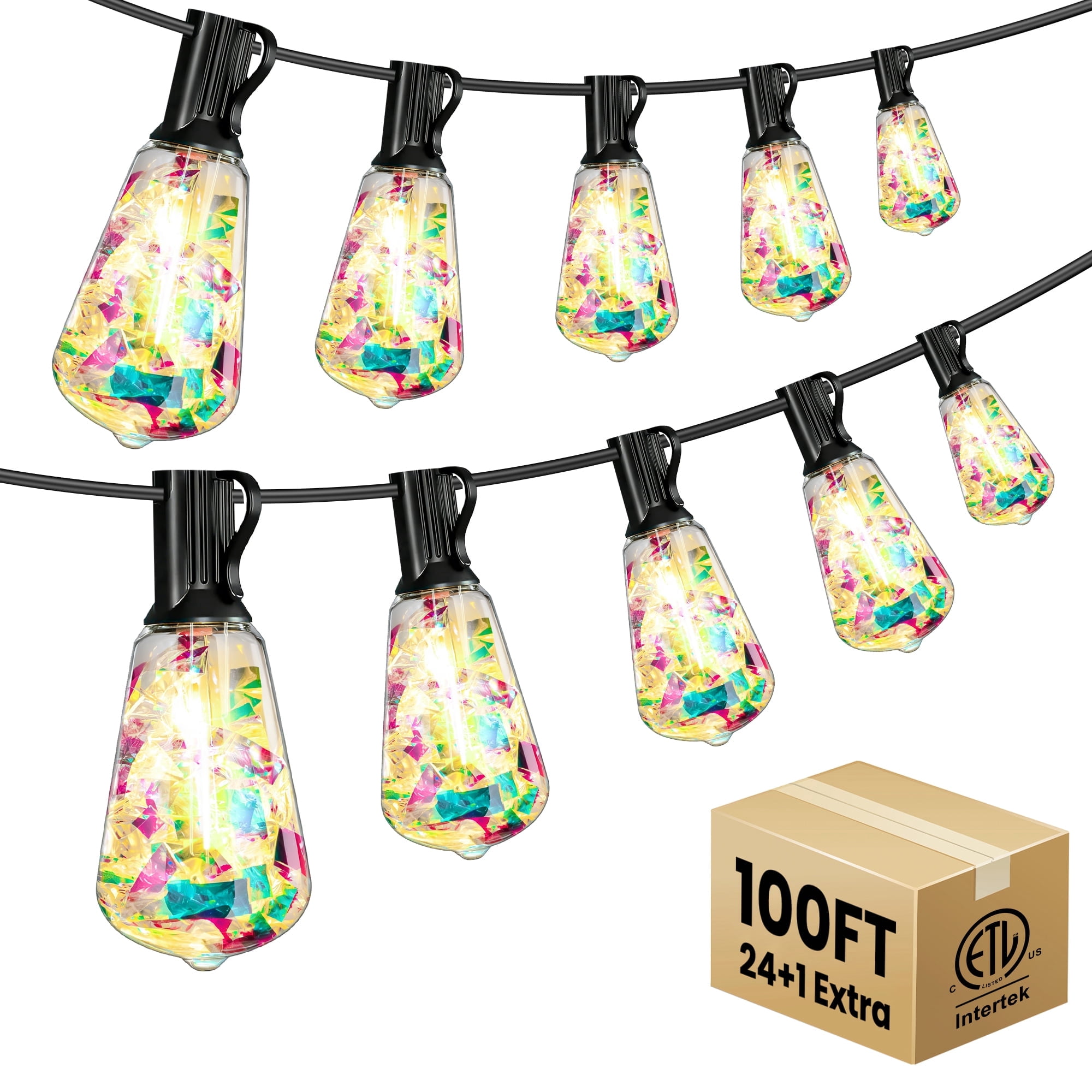VIPLIKE 100FT Outdoor String Lights, with 24+1 Warm White ST38 Dazzling Bulbs for Patio Decor, Clear Glass Globe Waterproof Hanging Lights for Yard, Garden, Porch