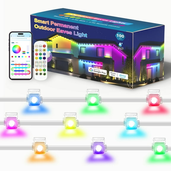 VIPLIKE Outdoor Lights, 100ft Permanent LED Lights, IP67 Waterproof, Patio, Garden, Holiday Decor