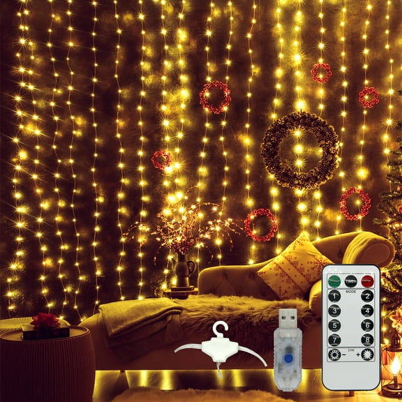 VIPLIKE Window Curtain Light,USB Plug-in Fairy Lights with Remote for Bedroom,Wedding,Christmas(Warm White)