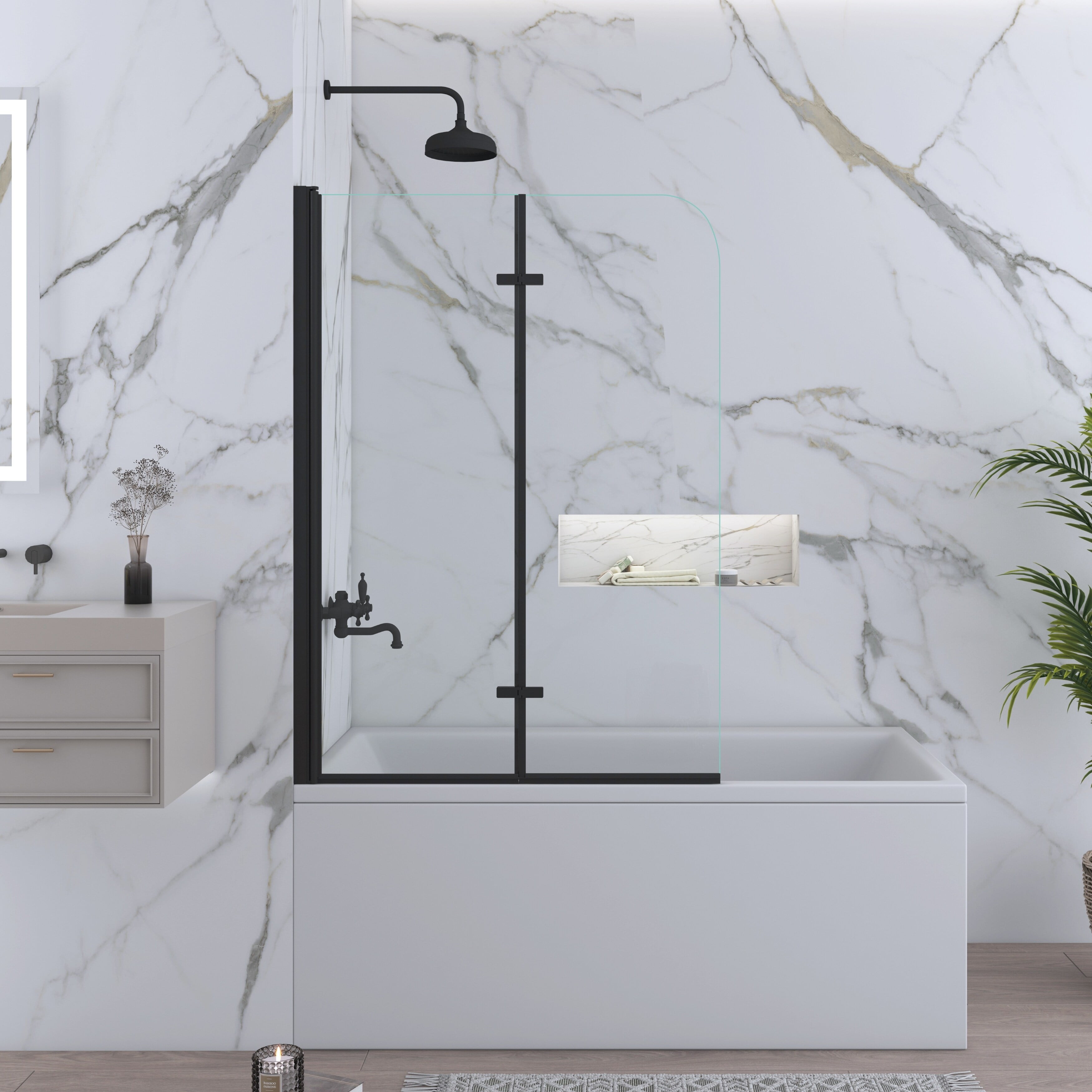 Matte Black Frameless Pivot Tub Door with Clear Tempered Glass