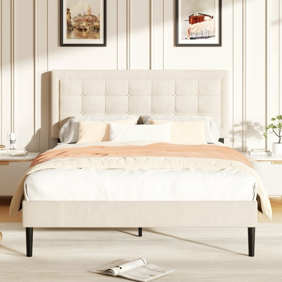 VIPLOV Bed Frame,King Size Bed Frames with pholstered Headboard, Easy Assembly, OFFWHITE