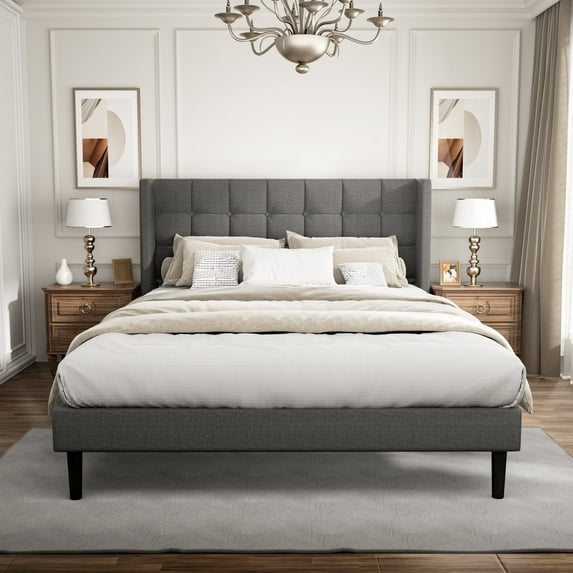 VIPLOV Full Bed Frame , Modern Platform Bed Frame with Headboard and Upholstered Wingback, Easy Assembly, Dark Gray