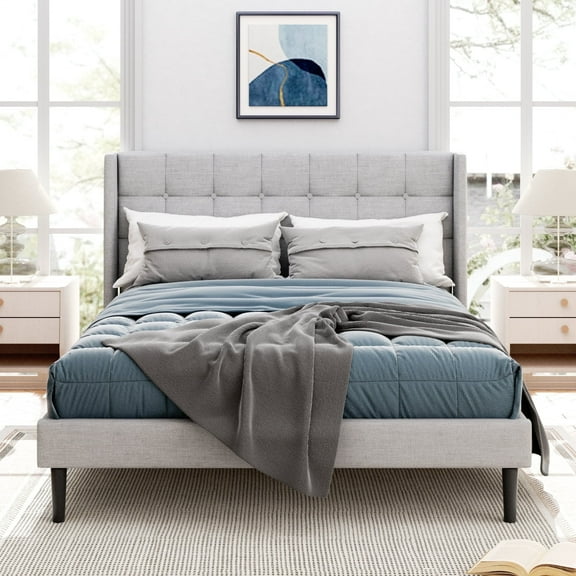VIPLOV Full Size Bed Frame , Platform Bed Frames with Headboard and Upholstered Wingback, Easy Assembly, Light Grey