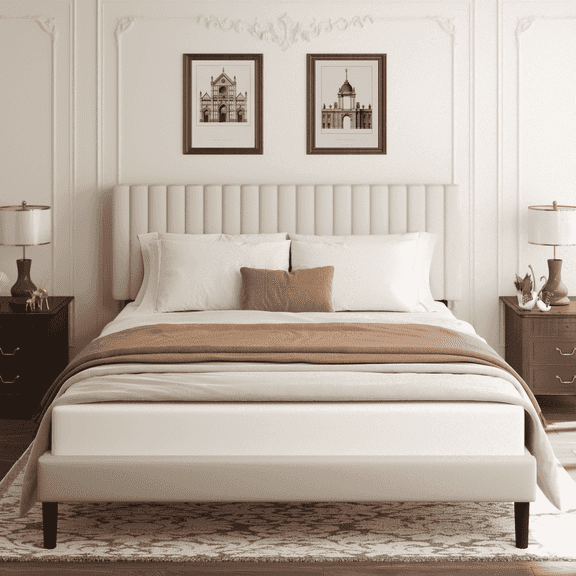 VIPLOV Full Size Bed Frame with Velvet Upholstered Headboard, Platform Bed with Strong Wood Slats, Mattress Foundation, Easy Assembly, Beige