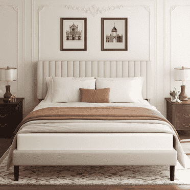 VIPLOV Full Size Bed Frame with Velvet Upholstered Headboard, Platform Bed with Strong Wood Slats, Mattress Foundation, Easy Assembly, Beige