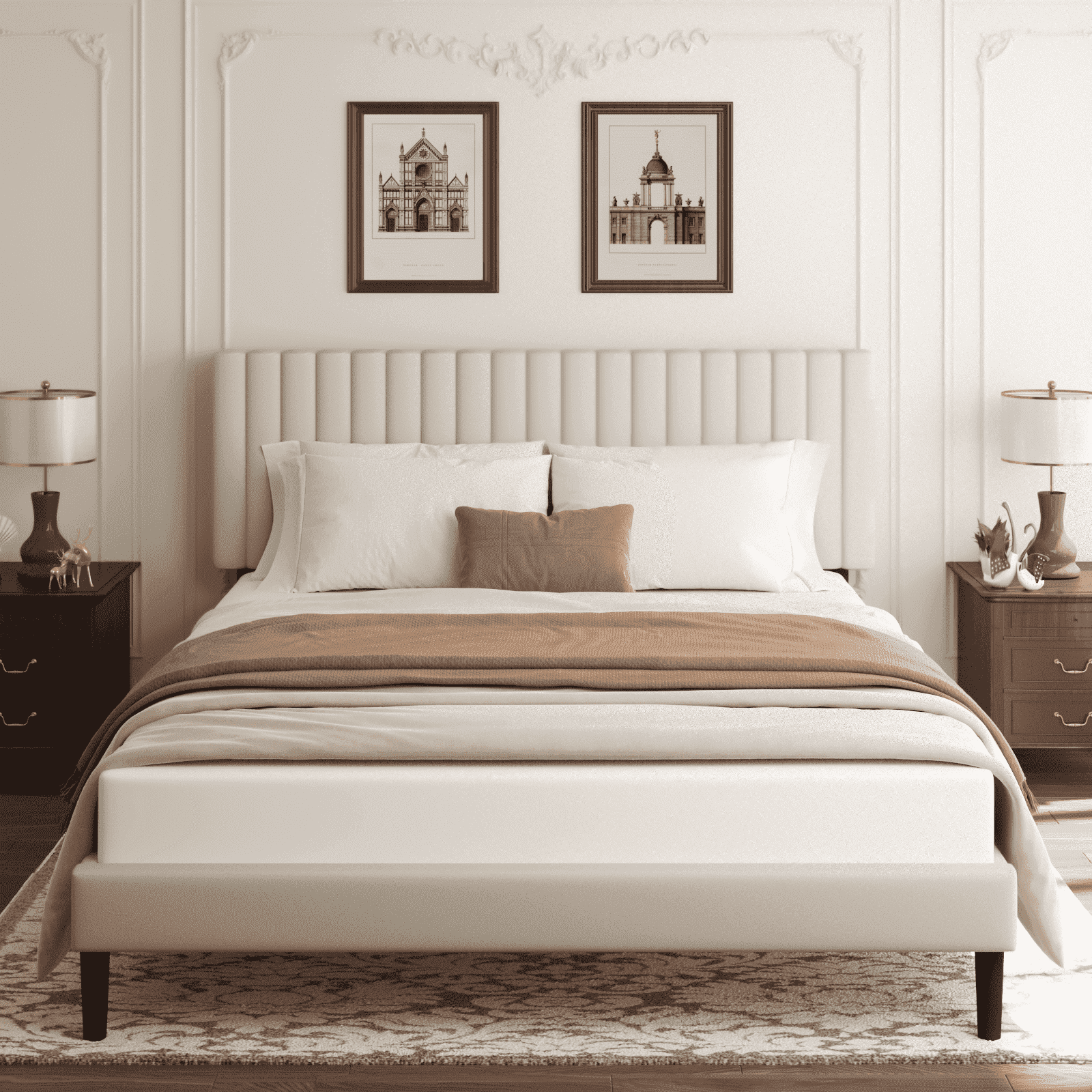 VIPLOV Full Size Bed Frame with Velvet Upholstered Headboard, Platform Bed with Strong Wood Slats, Mattress Foundation, Box Spring Optional,Easy Assembly, Beige