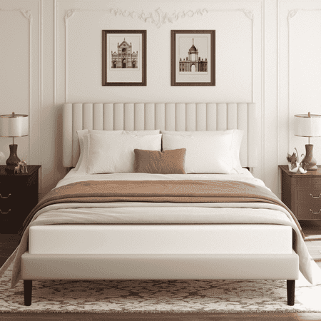 VIPLOV Full Size Bed Frame with Velvet Upholstered Headboard, Platform Bed with Strong Wood Slats, Mattress Foundation, Box Spring Optional,Easy Assembly, Beige