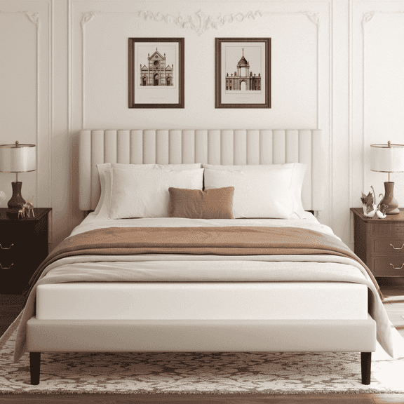 VIPLOV Full Size Bed Frame with Velvet Upholstered Headboard, Platform Bed with Strong Wood Slats, Mattress Foundation, Box Spring Optional,Easy Assembly, Beige