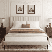 VIPLOV Full Size Bed Frame with Velvet Upholstered Headboard, Platform Bed with Strong Wood Slats, Mattress Foundation, Box Spring Optional,Easy Assembly, Beige
