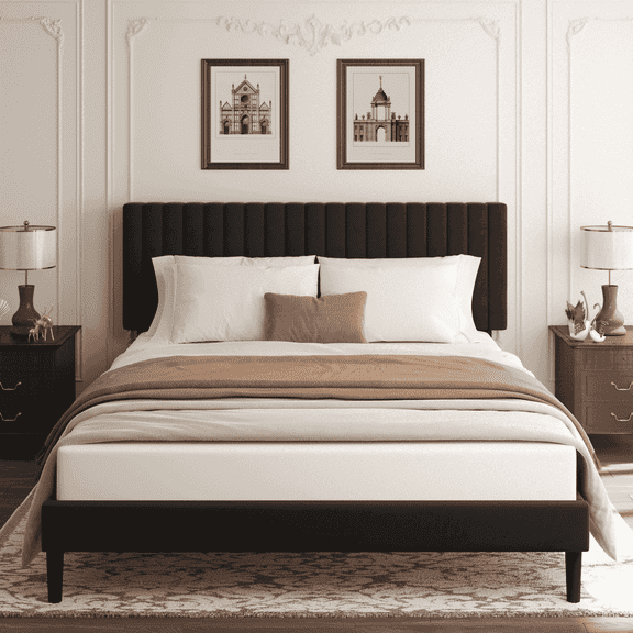 VIPLOV Full Size Bed Frame with Velvet Upholstered Headboard, Platform Bed with Strong Wood Slats, Mattress Foundation, Box Spring Optional, Easy Assembly, Black