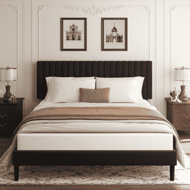 VIPLOV Full Size Bed Frame with Velvet Upholstered Headboard, Platform Bed with Strong Wood Slats, Mattress Foundation, Box Spring Optional, Easy Assembly, Black