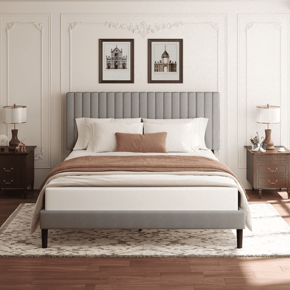 VIPLOV Full Size Bed Frame with Velvet Upholstered Headboard, Platform Bed with Strong Wood Slats, Mattress Foundation, Easy Assembly,Gray