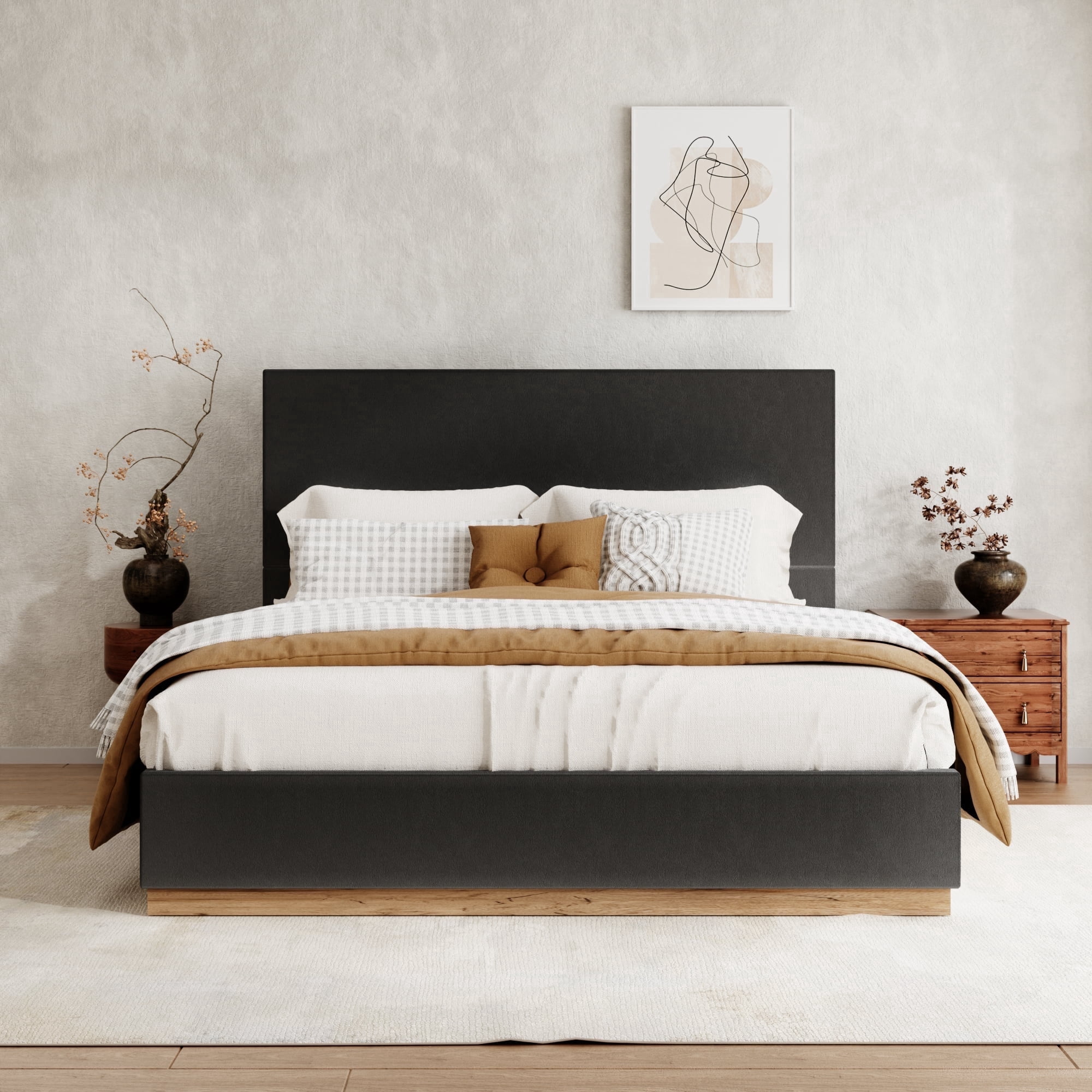 VIPLOV Full Size Bed Headboard with Headboard, Upholstered Bed Frames, Black