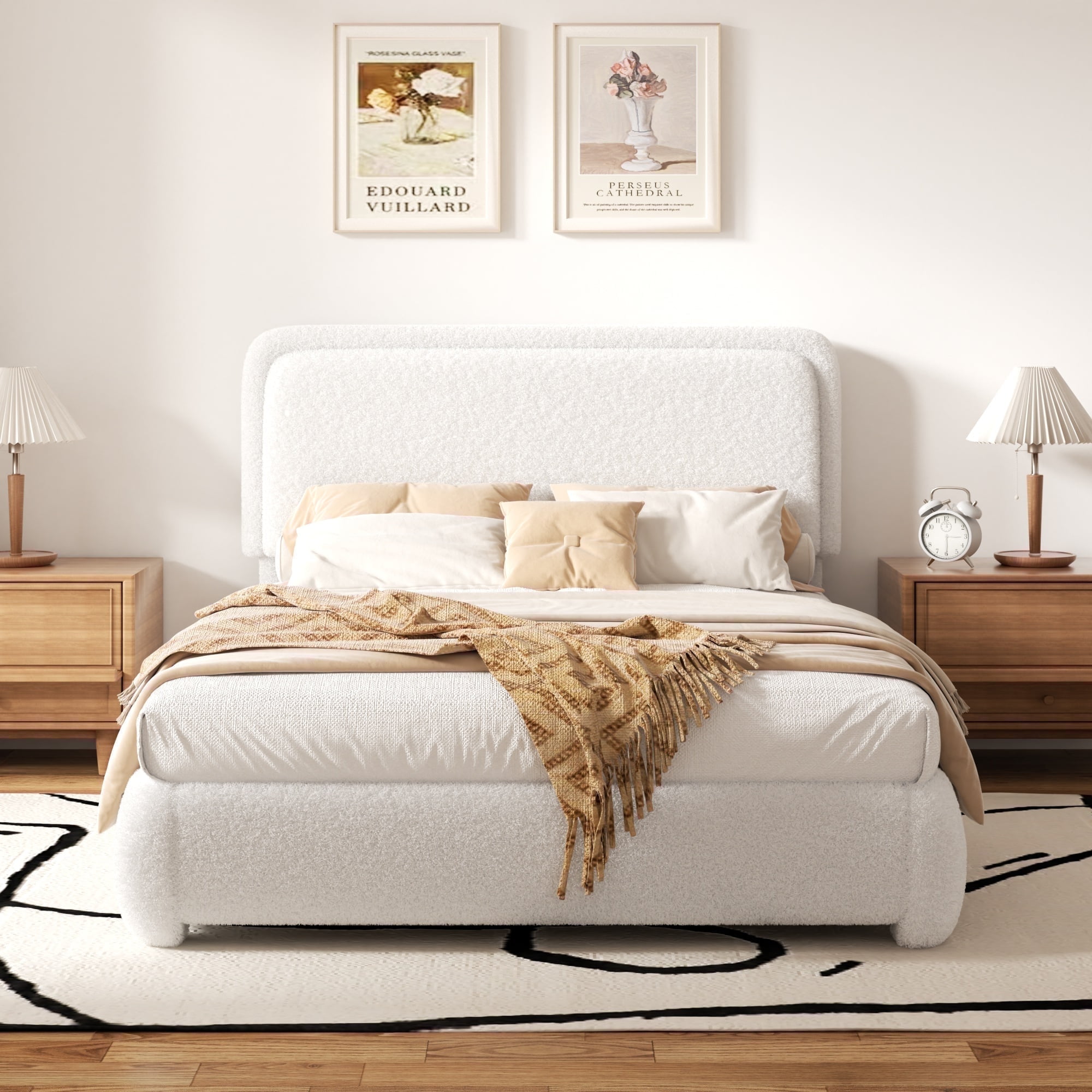 VIPLOV Full Size Boucle Bed Frame, Cloud Upholstered Platform Bed with Height Adjustable Headboard & Soft Rounded Corners, No Noise Free, Easy Assembly,White