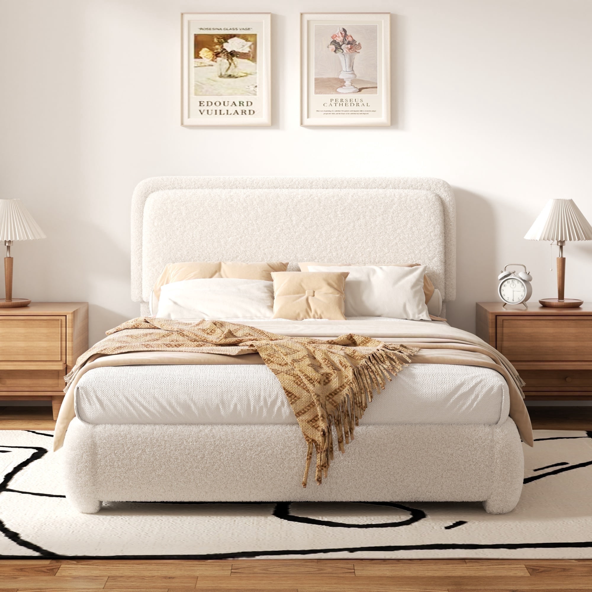 VIPLOV Full Size Boucle Bed Frame, Cloud Upholstered Platform Bed with Height Adjustable Headboard & Soft Rounded Corners, No Noise Free, Easy Assembly,Beige