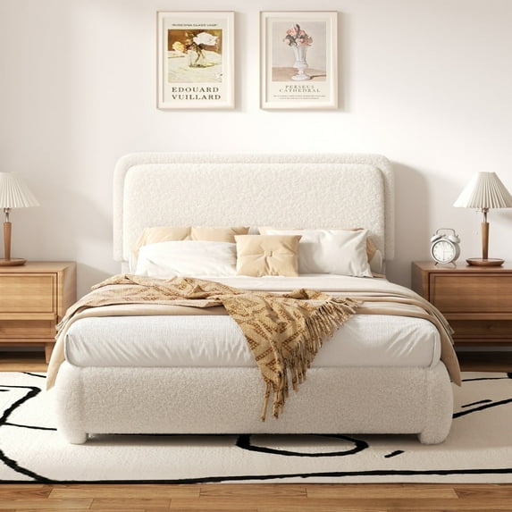 VIPLOV Full Size Boucle Bed Frame, Cloud Upholstered Platform Bed with Height Adjustable Headboard & Soft Rounded Corners, No Noise Free, Easy Assembly,Beige