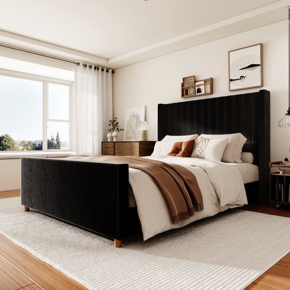 Queen Size Bed Frame, Upholstered Platform Bed with 58.2" Tall Headboard & Footboard, Soft Velvet Fabricbed Bed, Easy Assembly, Black