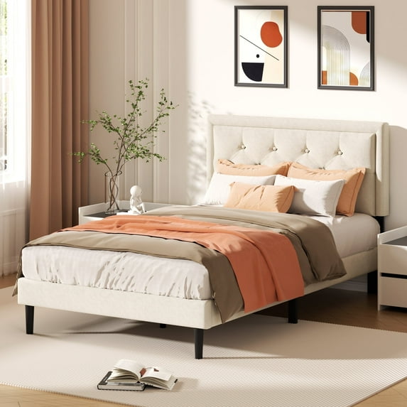 VIPLOV Full Size Platform Bed Frame with Upholstered Velvet Button Tufted Headboard, Mattress Foundation with Wooden Slat Support, No Box Spring Needed, Easy Assembly, Noise Free, Beige