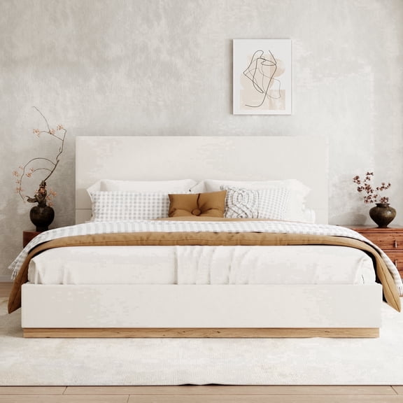 VIPLOV KIng Size Bed Frame with Headboard, Upholstered Bed Frames,with Enclosed Wood Base, Metal Structure & Wood Slats Support,No Noise, Easy Assembly, Beige