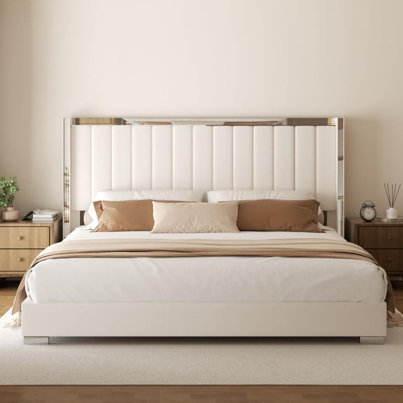 VIPLOV 58" Tall King Size Platform Bed Frame with Velvet Wingback Headboard & Channel Tufting Design, Silver Metal Trim and Chrome-Plated Legs, Beige