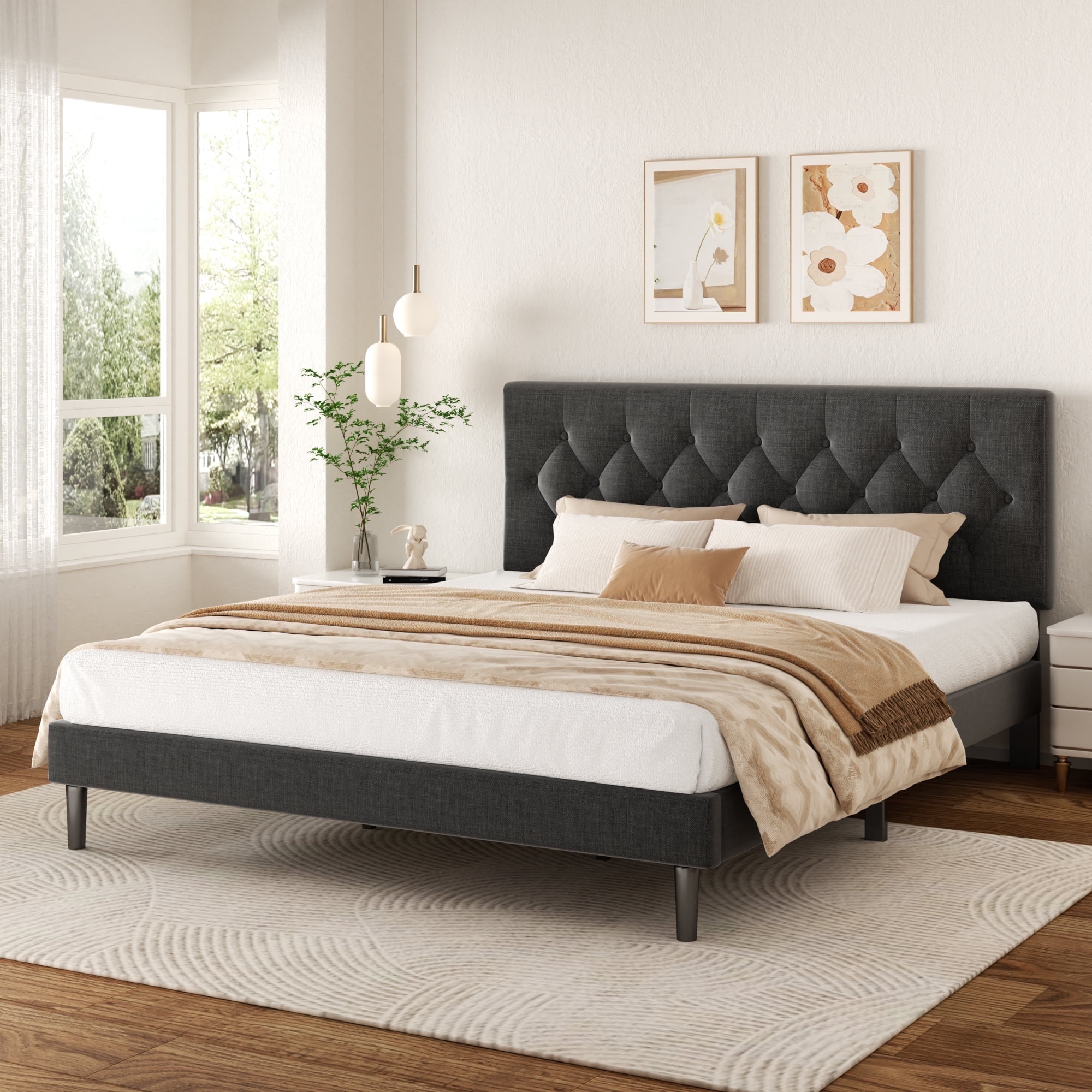 VIPLOV King Size Bed Frame , Modern Fabric Upholstered Platform Bed Frame with Strong Wood Slat Support, Easy Assembly,Black